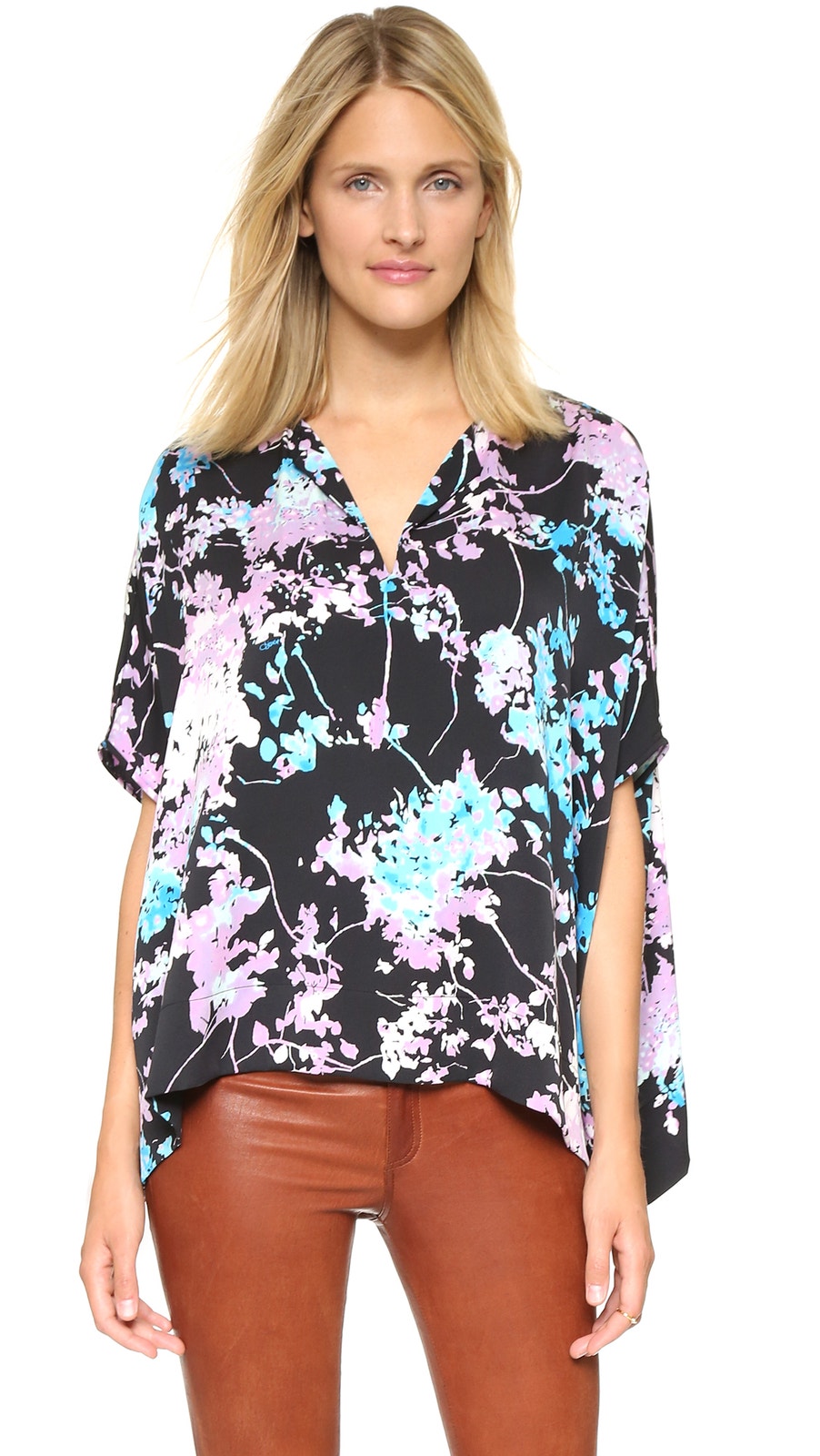 Diane Von Furstenberg Kora Black Floral Daze Sky Mauve Silk Oversized Blouse Top